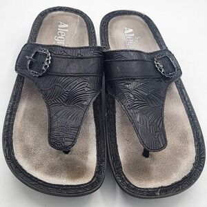 Alegria by PG Lite Black Embossed Leather Thong Sandals with Buckle 38